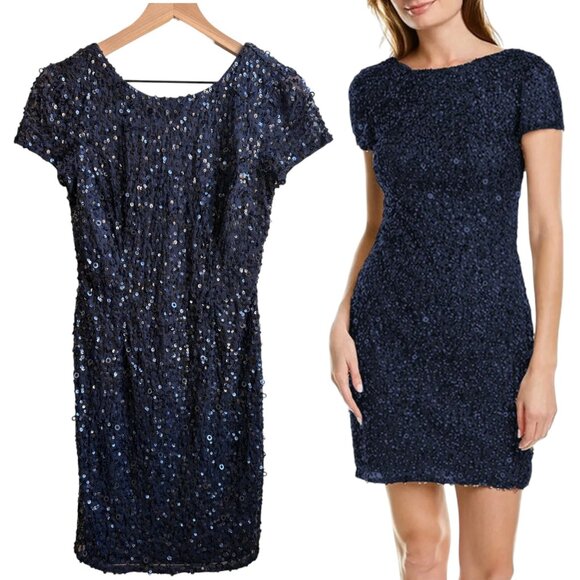 Adrianna Papell Dresses & Skirts - Adrianna Papell Short Sleeve Beaded Sequin Sheath Mini Dress Navy Size 6